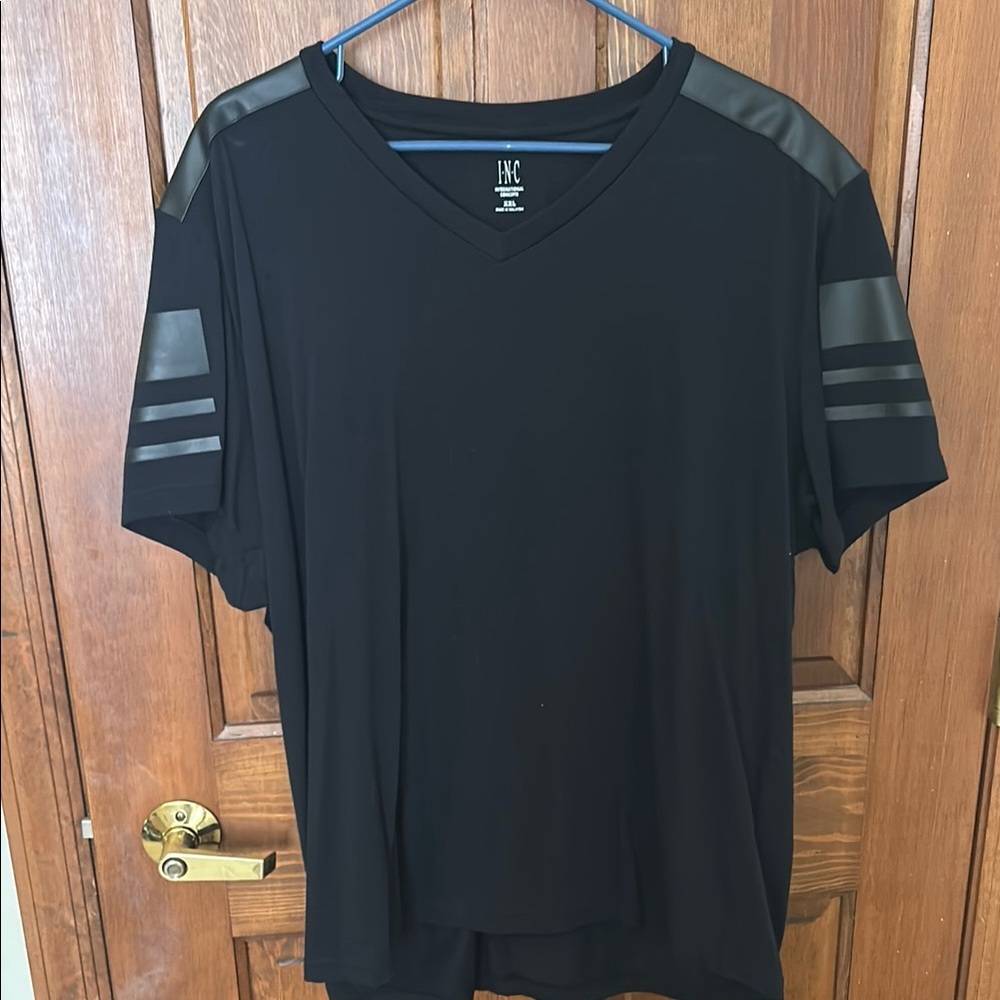 INC International Concepts Black V-Neck Tee with Gray Accents